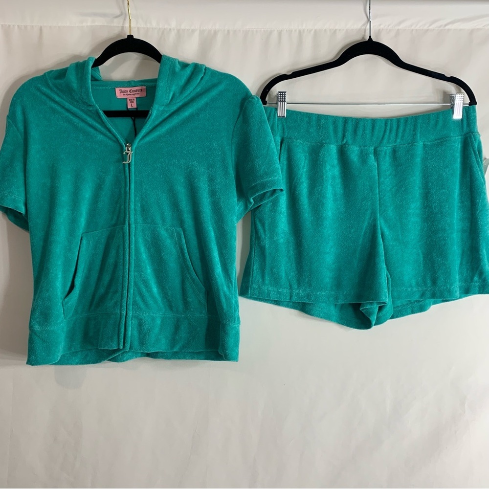NWT Juicy Couture Terrycloth Coastal Teal Short Sleeve Hoodie & Shorts, size L - Picture 2 of 16